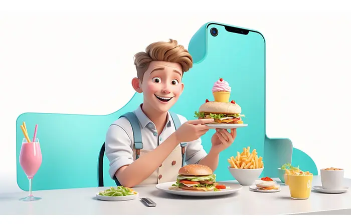 Happy Boy with Burger 3D Character Illustration Artwork